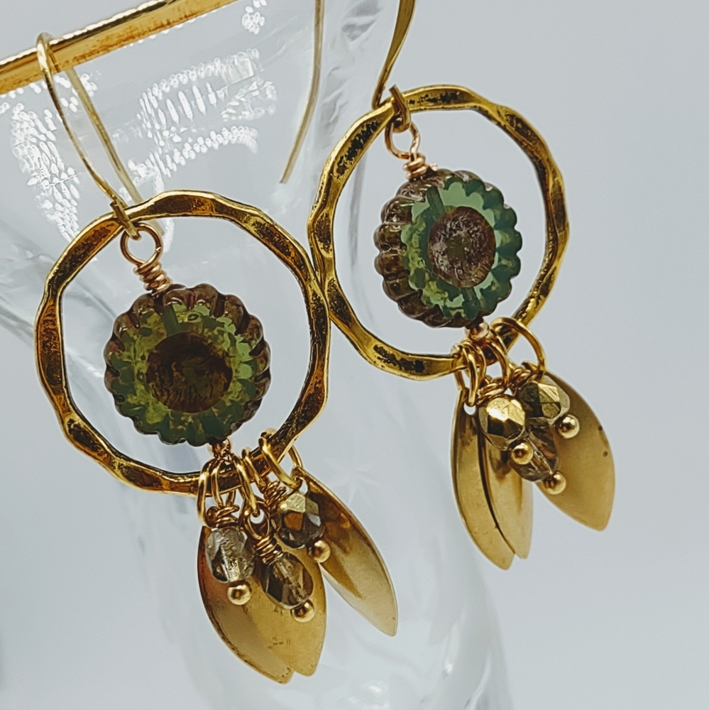 Green Hibiscus Flower Hoop Dangle Earrings